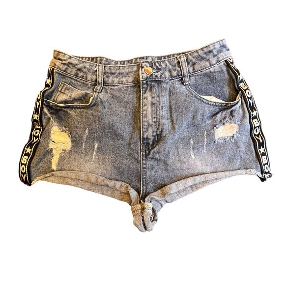 Shein Jean Shorts Women Medium High Rise Distressed Embroidered Stretch SzM W30 - Picture 1 of 6